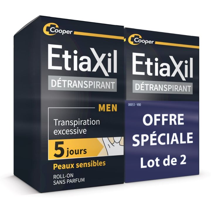 D&eacute;transpirant Men homme aisselles peau sensible Etiaxil - lot de 2 roll-on de 50 ml