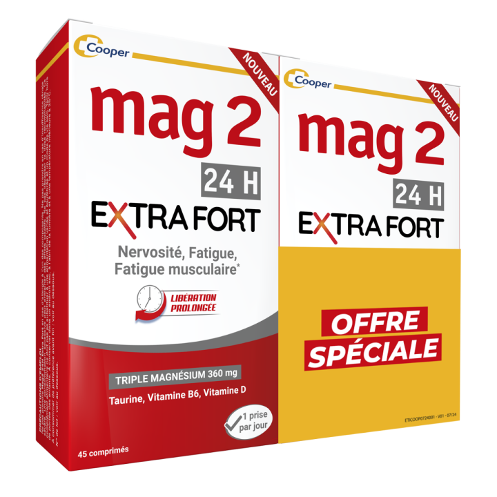 Mag2 extra fort 24h Cooper - offre sp&eacute;ciale lot de 2 bo&icirc;tes de 45 comprim&eacute;s
