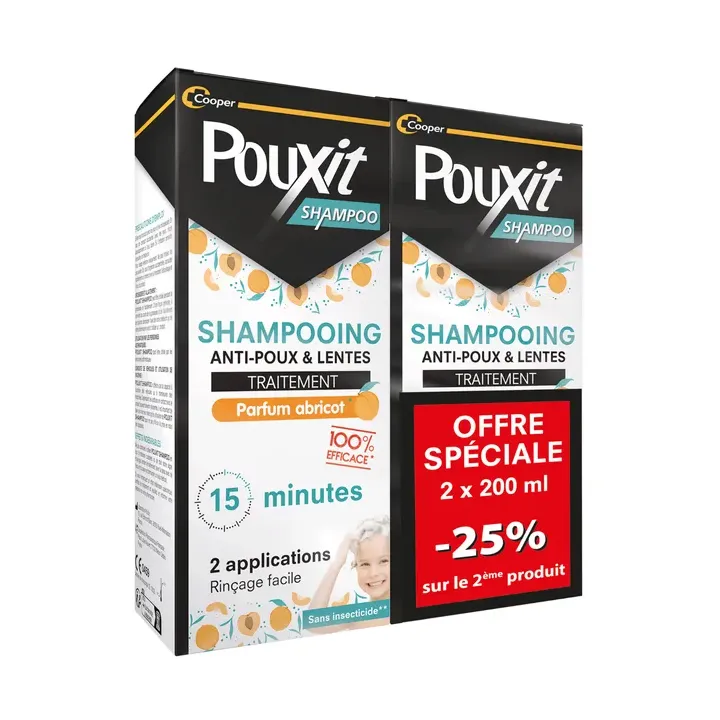 Shampooing traitant anti-poux & lentes parfum abricot Pouxit - lot de 2 flacons de 200ml Offre Sp&eacute;ciale