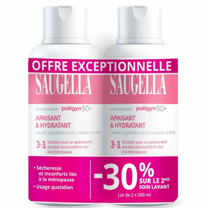 Poligyn 50+ soin lavant intime Saugella - lot de 2 flacons de 500ml offre sp&eacute;ciale