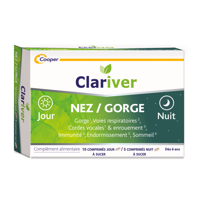 Clariver Nez/gorge jour & nuit Cooper - bo&icirc;te de 15 comprim&eacute;s &agrave; sucer