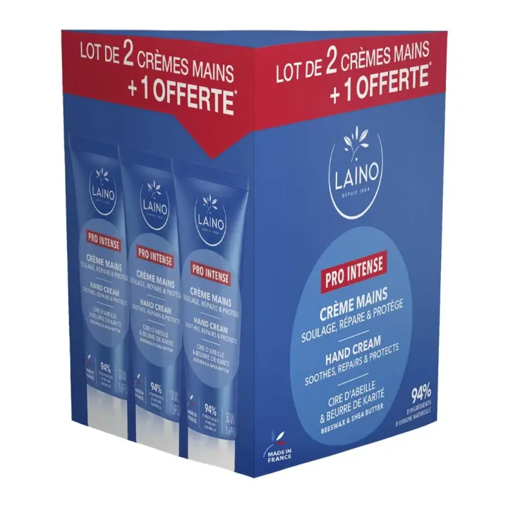 Cr&egrave;me mains s&egrave;ches &agrave; ab&icirc;m&eacute;es Pro Intense Laino - lot de 3 tubes de 50ml