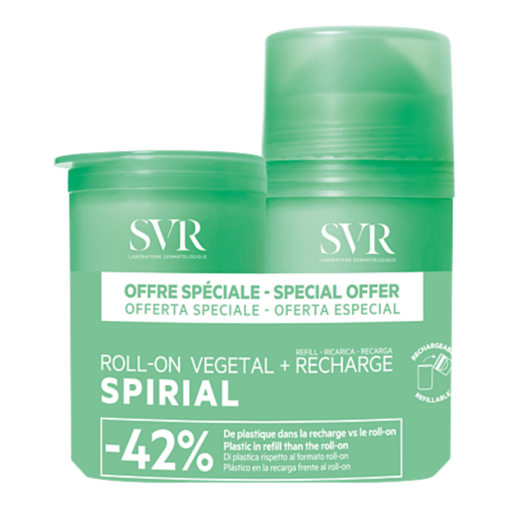 Spirial v&eacute;g&eacute;tal d&eacute;odorant SVR - roll-on de 50 ml + recharge 50ml
