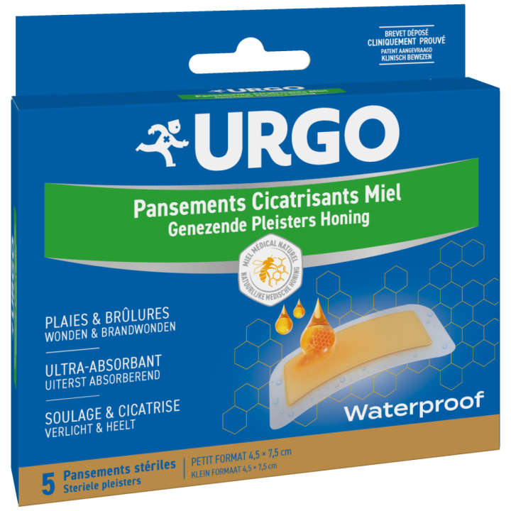 Pansements cicatrisants miel waterproof Urgo -  bo&icirc;te de 5 pansements st&eacute;riles