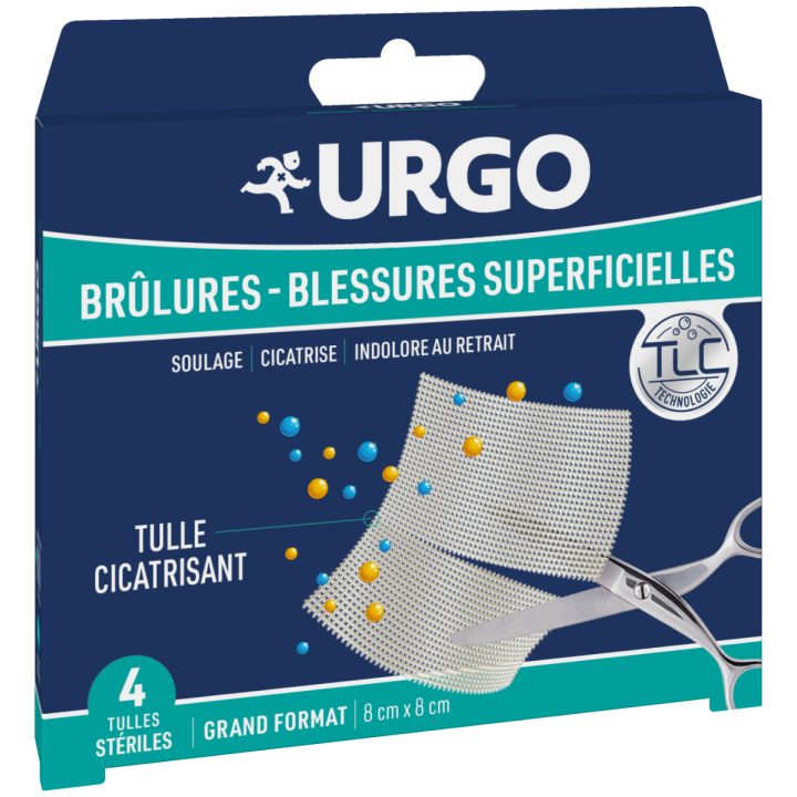 Tulles st&eacute;riles cicatrisants br&ucirc;lures et blessures superficielles Urgo - bo&icirc;te de 4 tulles 8x8 cm