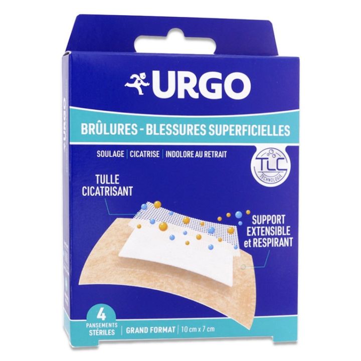 Pansements Urgo br&ucirc;lures/blessures superficielles - bo&icirc;te de 4 pansements st&eacute;riles grand format