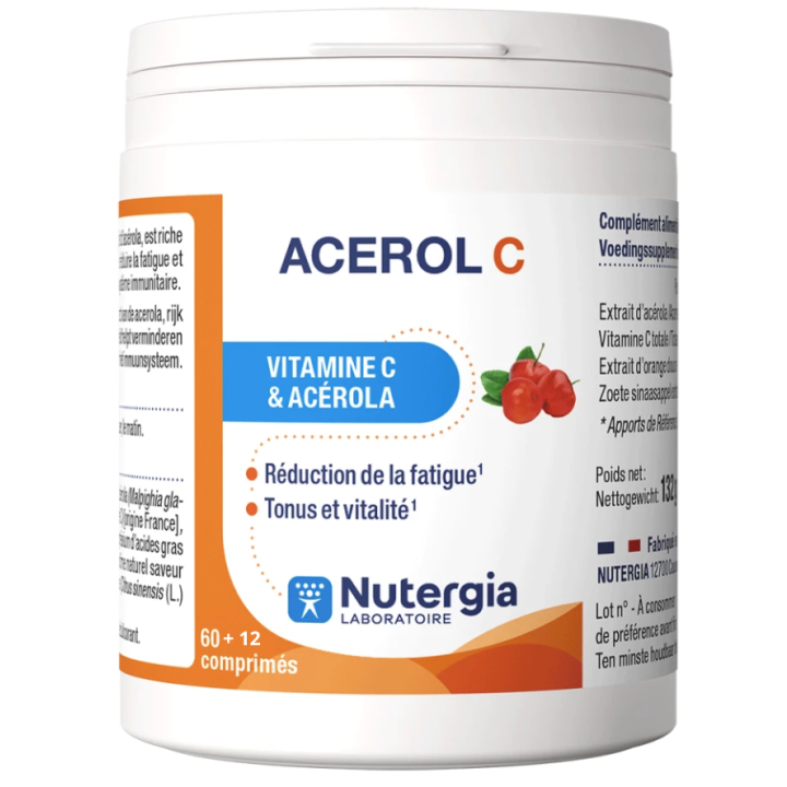 Acerol C vitamine C & ac&eacute;rola Nutergia - pot de 60+12 comprim&eacute;s 