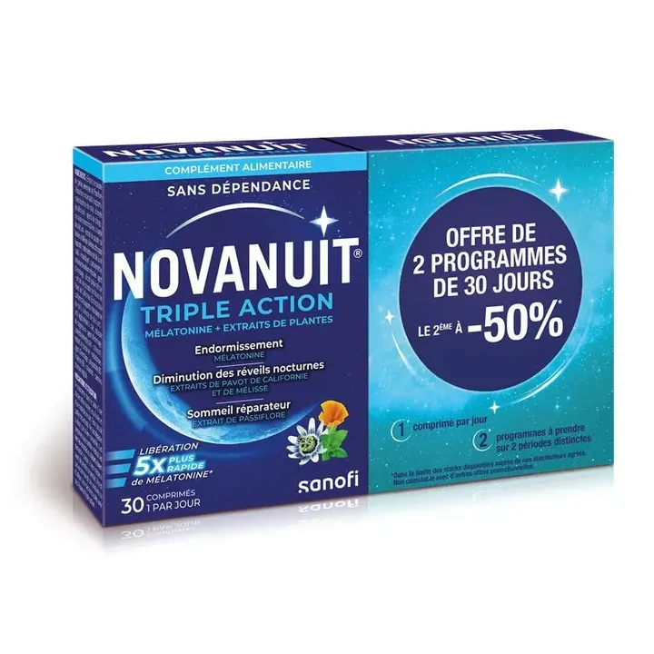 Novanuit triple action Sanofi - lot de 2 bo&icirc;tes de 30 comprim&eacute;s offre sp&eacute;ciale