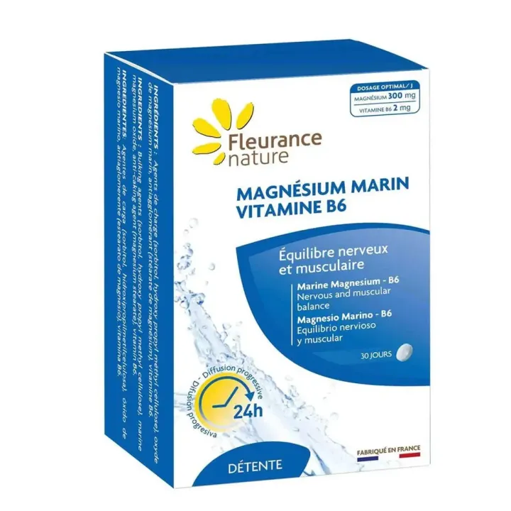 Magn&eacute;sium marin vitamine B6 d&eacute;tente Fleurance Nature - boite de 60 comprim&eacute;s 