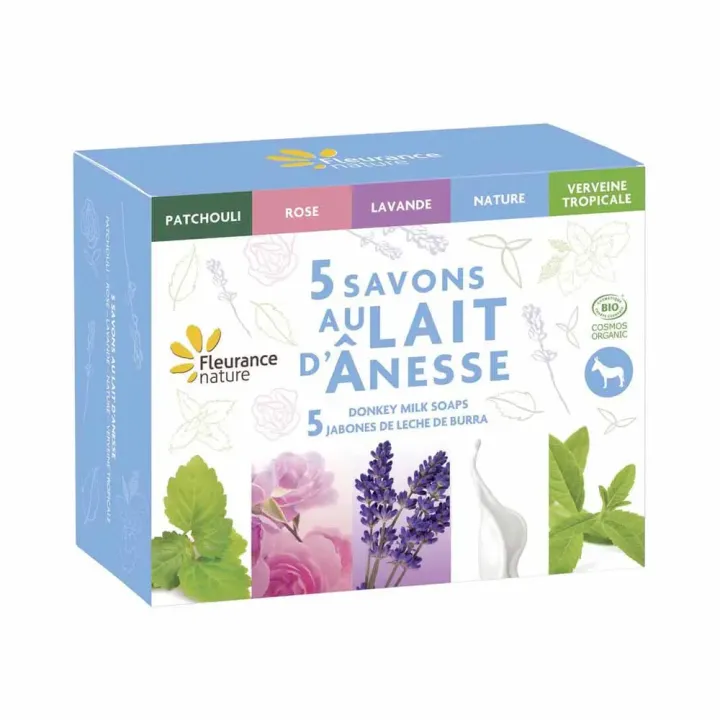 Coffret 5 savons au lait d'&acirc;nesse Fleurance Nature - boite de 5 savons de 100g