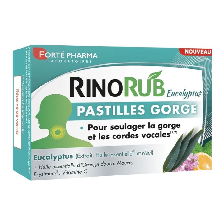 RinoRub eucalyptus pastilles gorge go&ucirc;t menthe sans sucre Fort&eacute; Pharma - bo&icirc;te de 24 pastilles