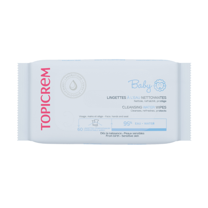 Baby lingettes &agrave; l'eau nettoyantes Topicrem - paquet de 60 lingettes 