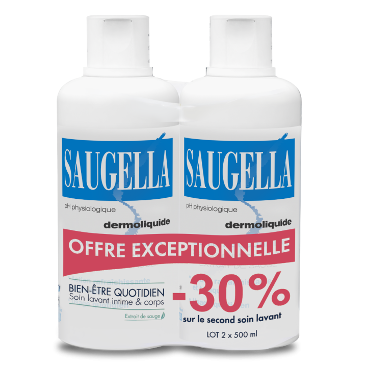 Dermoliquide &eacute;mulsion lavante douce Saugella - 2 flacons de 500 ml