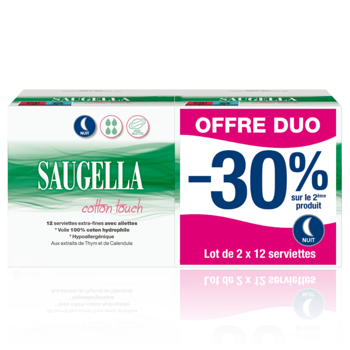 Cotton Touch Serviettes extra-fines avec ailettes nuit Saugella - lot de 2 bo&icirc;tes de 12 serviettes