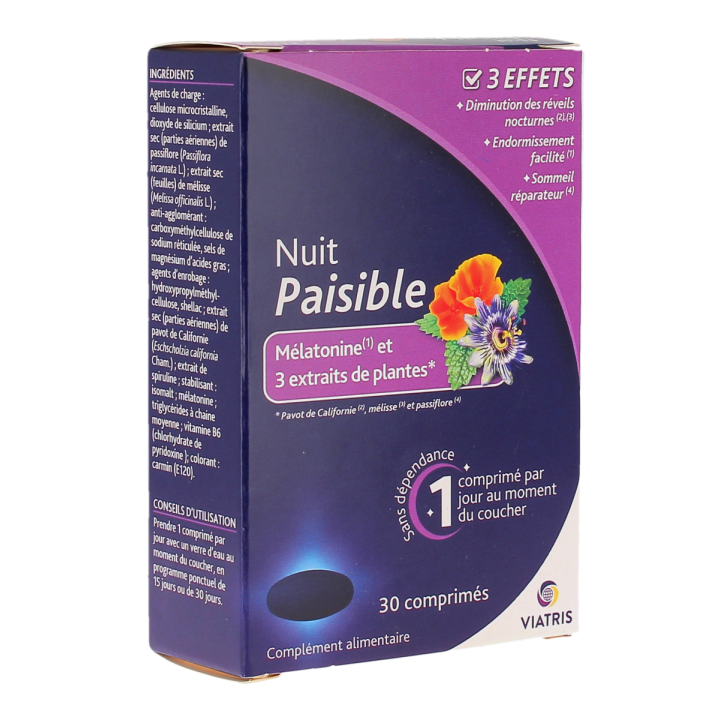 Nuit paisible m&eacute;latonine et 3 extraits de plantes Viatris - boite de 30 comprim&eacute;s