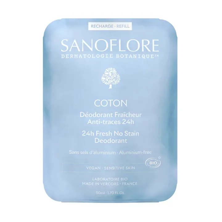 D&eacute;odorant Coton fra&icirc;cheur anti-traces 48h bio Sanoflore - recharge de 50ml