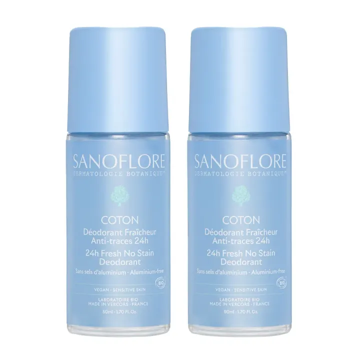 D&eacute;odorant fra&icirc;cheur coton anti-traces 24h bio Sanoflore - offre sp&eacute;ciale 2 roll-on de 50ml