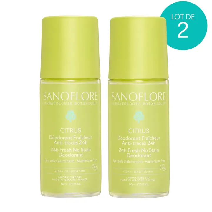 D&eacute;odorant fra&icirc;cheur anti-traces 24h citrus bio Sanoflore - lot de 2 roll-on de 50ml