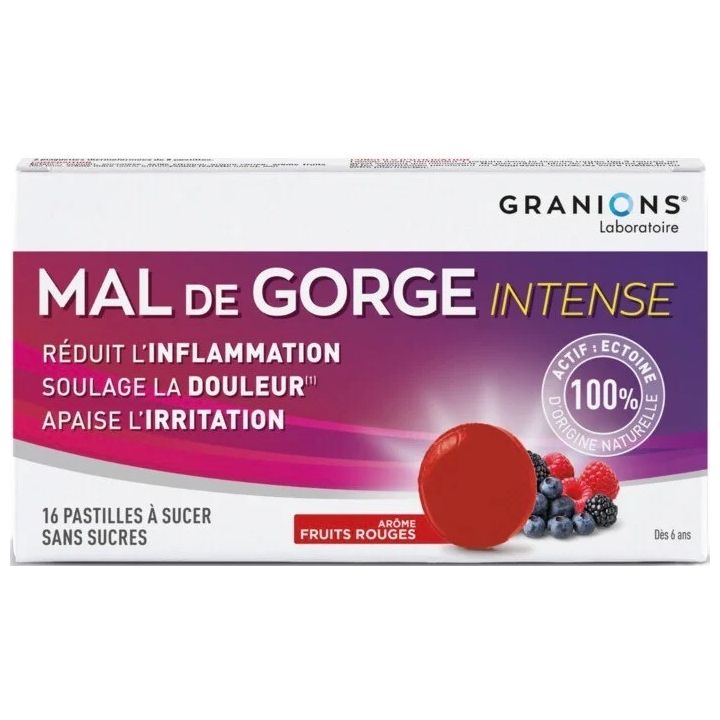 Pastilles mal de gorge intense go&ucirc;t fruits rouges Granions - boite de 16 pastilles &agrave; sucer