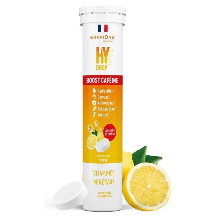 Hydrop Boost caf&eacute;ine solution d'hydratation ar&ocirc;me citron Granions - tube de 20 comprim&eacute;s effervescents