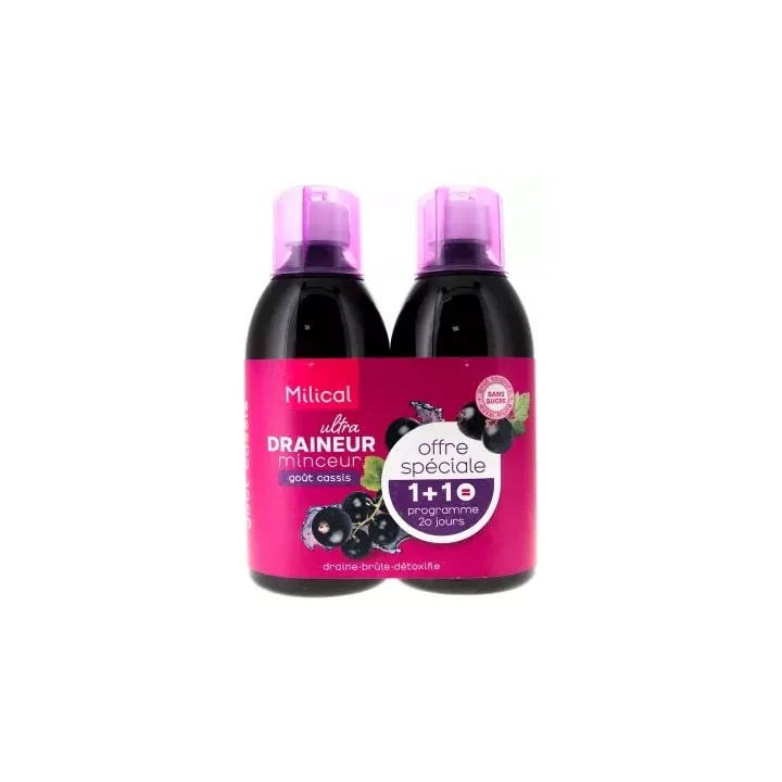 Draineur Ultra minceur go&ucirc;t cassis Milical - lot de 2 bouteilles de 500ml