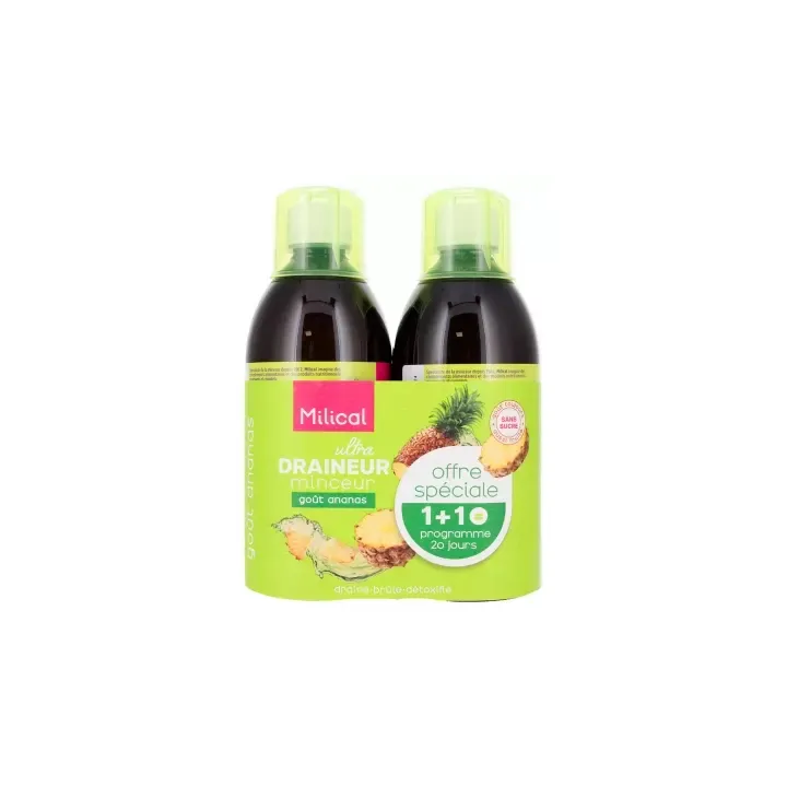 Draineur Ultra minceur go&ucirc;t ananas Milical - lot de 2 bouteilles de 500ml offre sp&eacute;ciale
