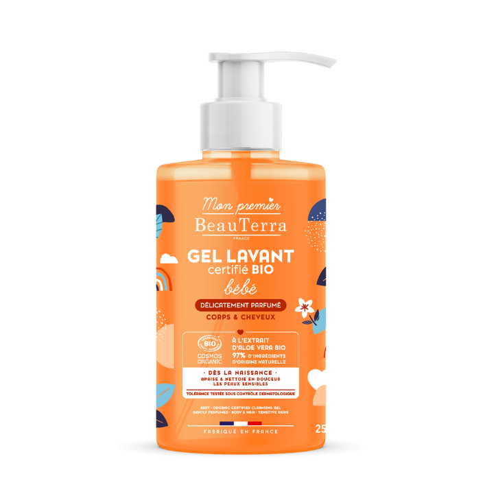 Gel lavant b&eacute;b&eacute; bio peaux sensibles corps et cheveux Mon premier Beauterra - flacon-pompe de 750ml