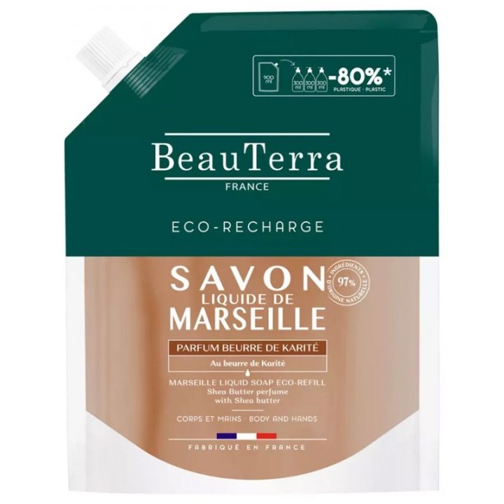 Savon liquide de marseille parfum beurre de karit&eacute; Beauterra - eco-recharge de 900ml