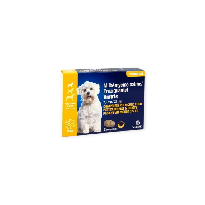Milb&eacute;mycine Praziquantel Vermifuge petit chien et chiot +0,5kg ar&ocirc;me viande Viatris - boite de 2 comprim&eacute;s