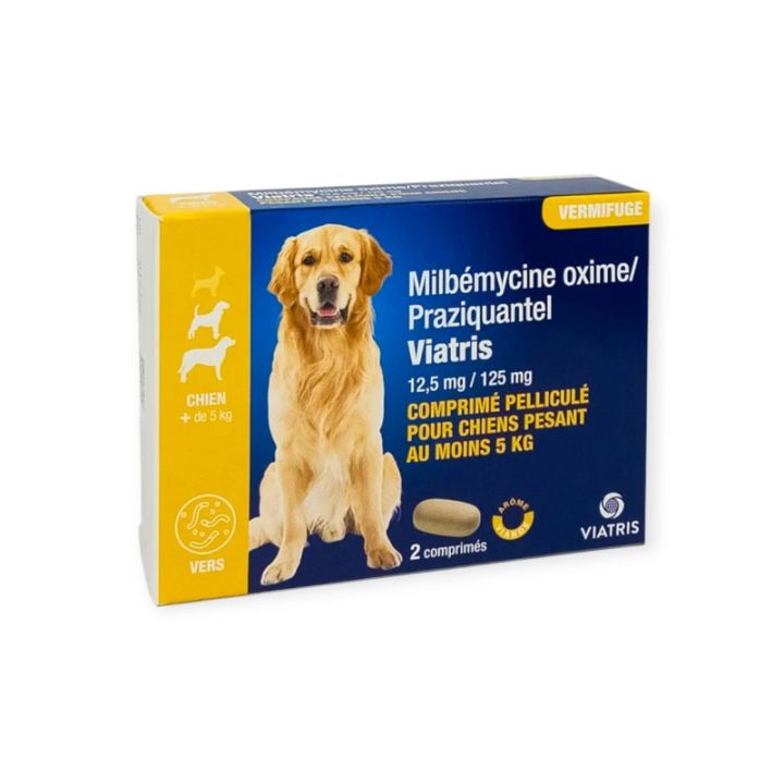 Milb&eacute;mycine Praziquantel Vermifuge chien +5kg ar&ocirc;me viande Viatris - boite de 2 comprim&eacute;s