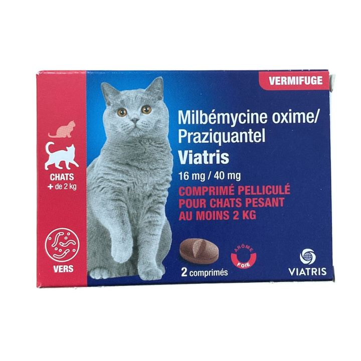 Milb&eacute;mycine Praziquantel Vermifuge chat +2kg ar&ocirc;me foie Viatris - boite de 2 comprim&eacute;s