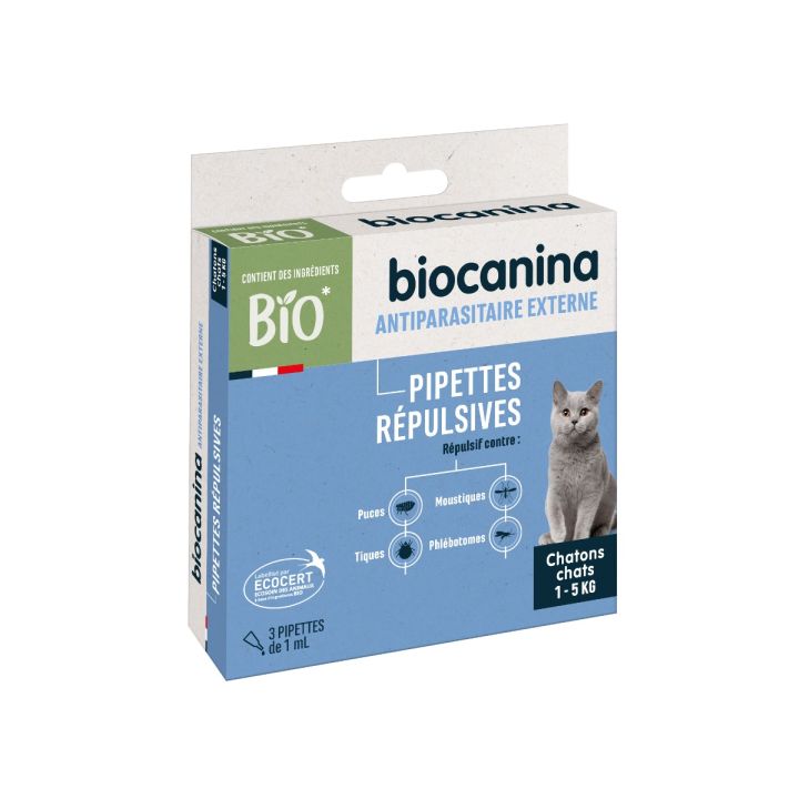 Pipettes r&eacute;pulsives antiparasitaire externe chat 1 &agrave; 5kg Biocanina - boite de 3 pipettes de 1ml