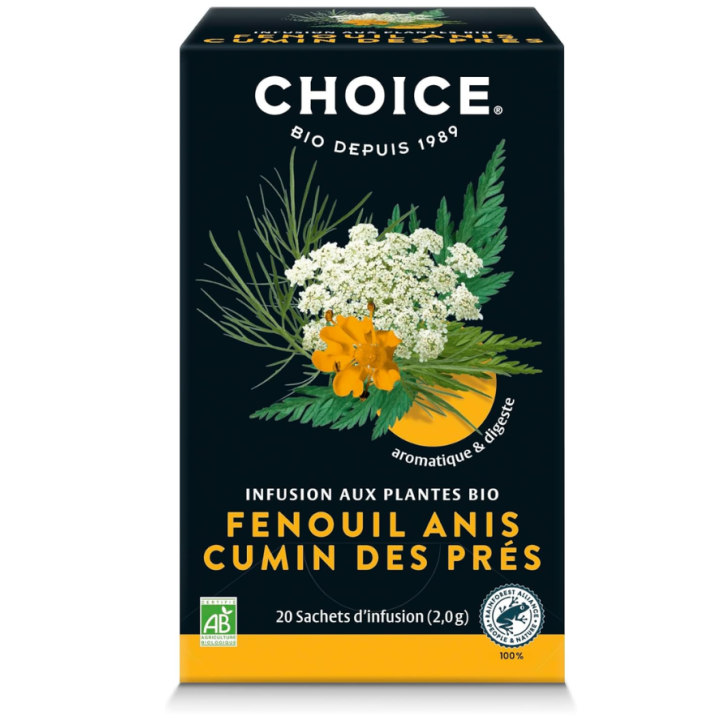 Infusion aux plantes bio fenouil anis cumin des pr&eacute;s Choice - boite de 17 sachets 