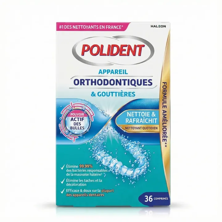 Polident nettoyant appareil orthodontique et goutti&egrave;re - boite de 36 comprim&eacute;s