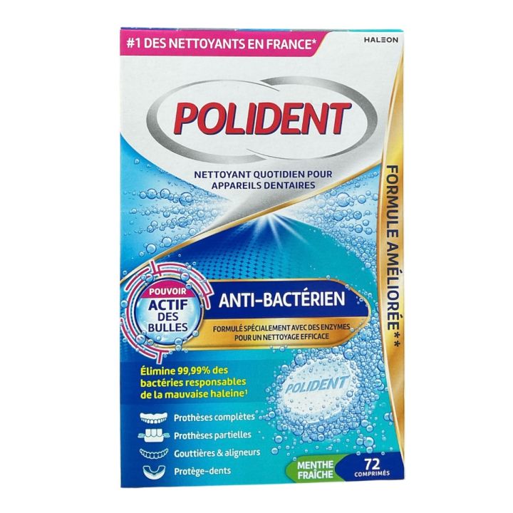 Polident comprim&eacute; nettoyant anti-bact&eacute;rien pour appareil dentaire - boite de 72 comprim&eacute;s