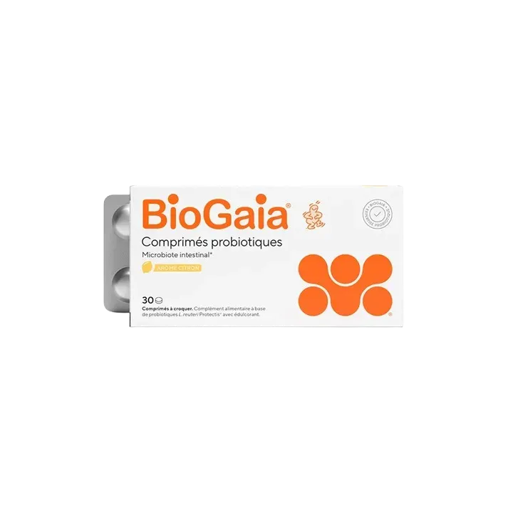 Probiotiques microbiote intestinal ar&ocirc;me citron BioGaia - boite de 30 comprim&eacute;s &agrave; croquer