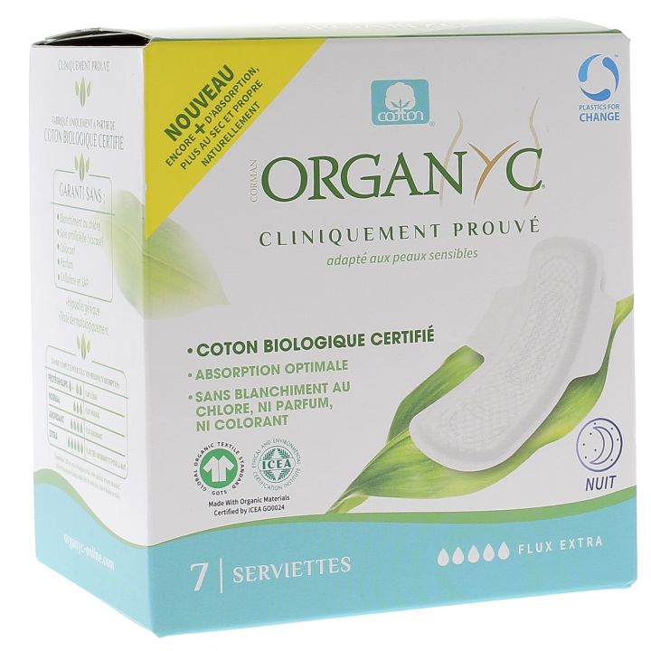 Serviettes hygi&eacute;niques nuit flux extra Organyc - boite de 7 serviettes