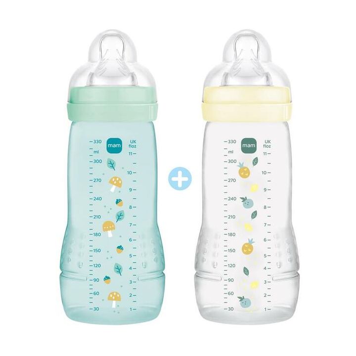 Biberons Easy Active coloris Ice et Pearl d&egrave;s 6 mois Mam - lot de 2 biberons de 330ml