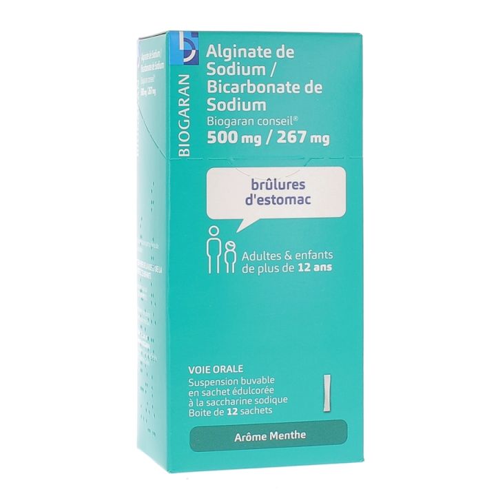 Alginate de Sodium/Bicarbonate de Sodium Biogaran 500 mg/267 mg - bo&icirc;te de 12 sachets menthe sans sucre