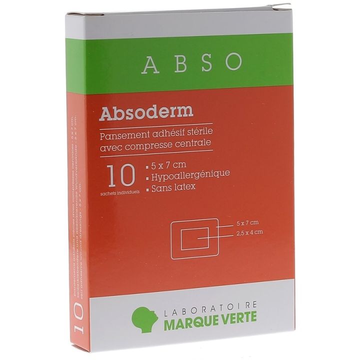 Absoderm Pansements adh&eacute;sifs st&eacute;riles avec compresse centrale 5x7cm Marque Verte - bo&icirc;te de 10 sachets individuels