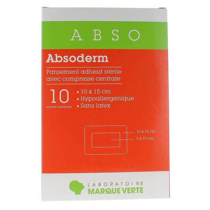 Absoderm Pansements adh&eacute;sifs st&eacute;riles avec compresse centrale 10x15cm Marque verte - bo&icirc;te de 10 sachets individuels