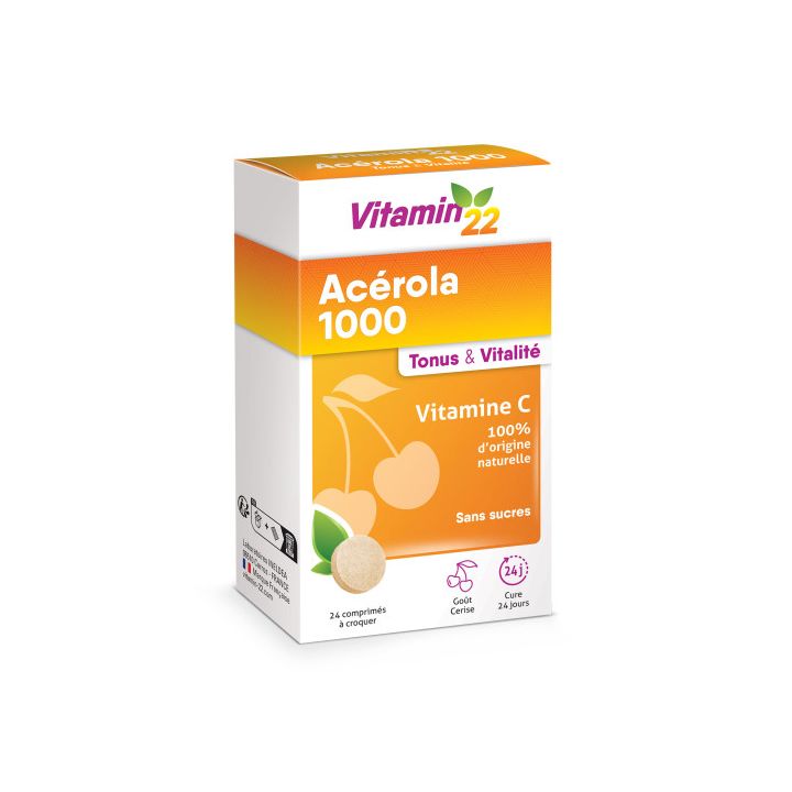 Vitamin 22 Ac&eacute;rola 1000 go&ucirc;t cerise Ineldea - boite de 64 comprim&eacute;s &agrave; croquer