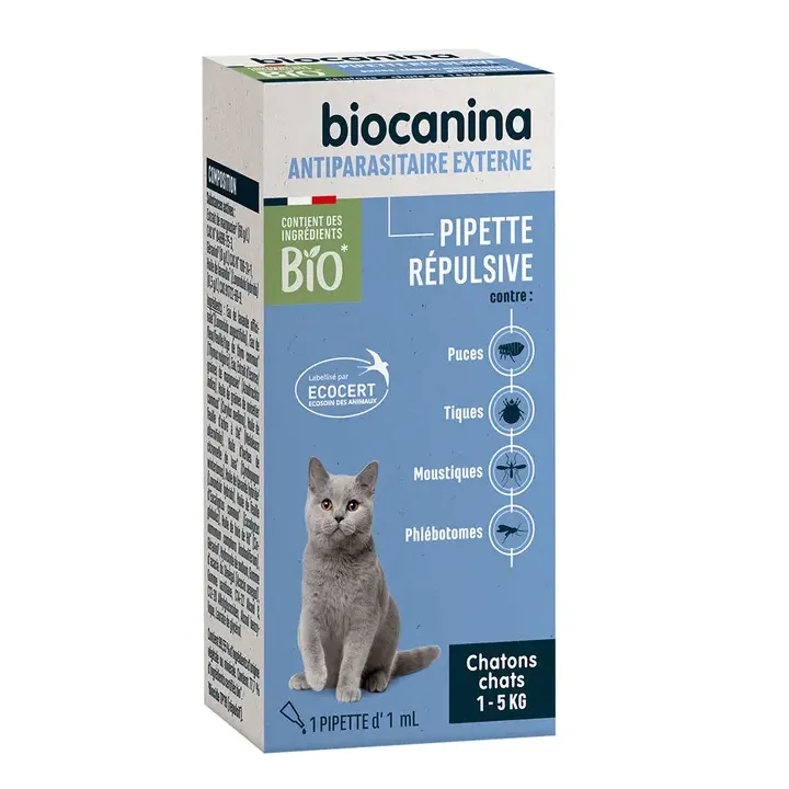 Antiparasitaire externe pipette r&eacute;pulsive chatons chats 1-5kg Biocanina - bo&icirc;te d'une pipette