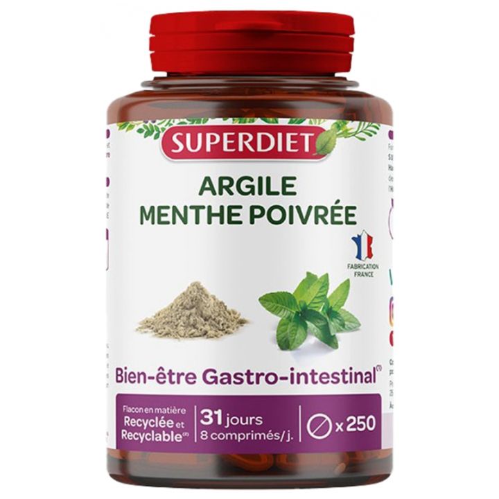 Argile menthe poivr&eacute;e Super Diet - bo&icirc;te de 250 comprim&eacute;s