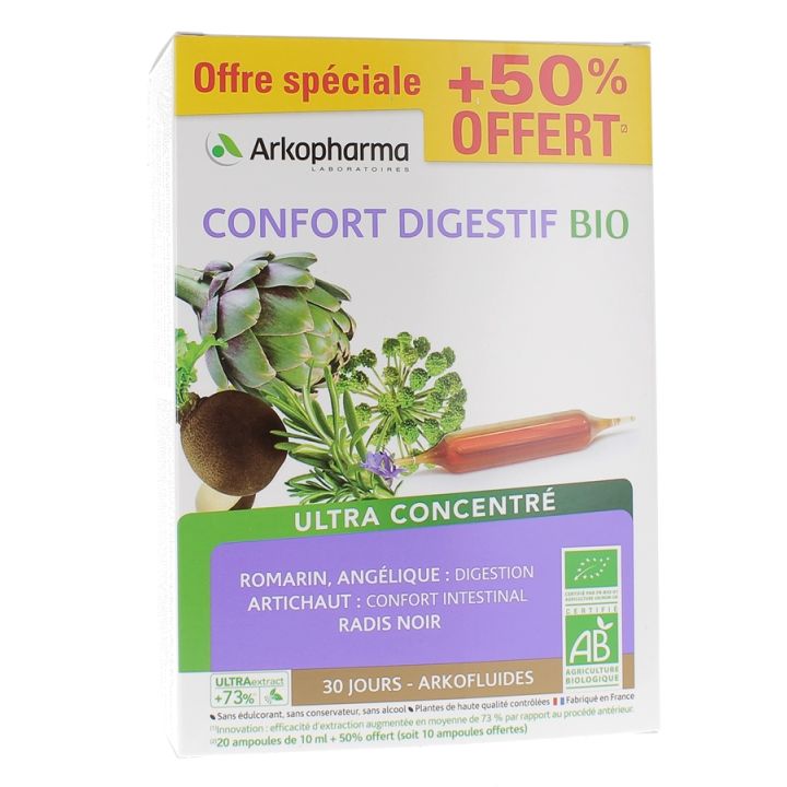 Arkofluides Confort Digestif bio Arkopharma - bo&icirc;te de 20 ampoules + 10 offertes