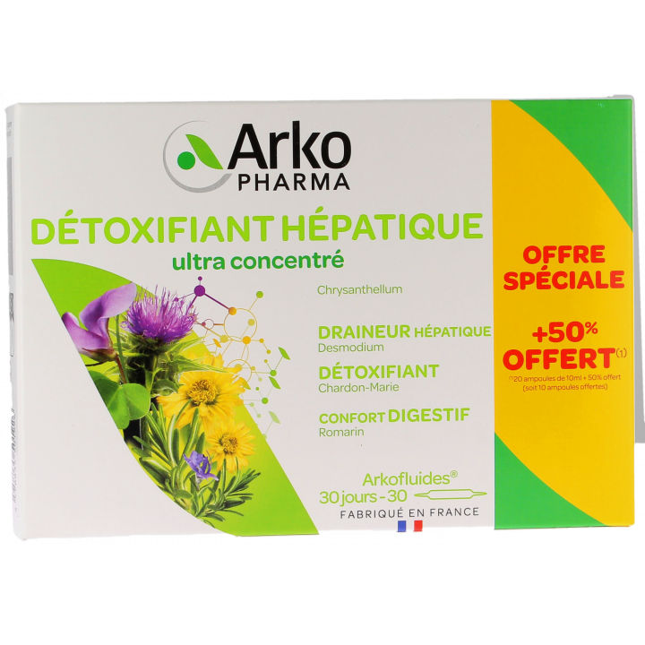 Arkofluides d&eacute;toxifiant h&eacute;patique Arkopharma - 20 ampoules + 10 ampoules offertes