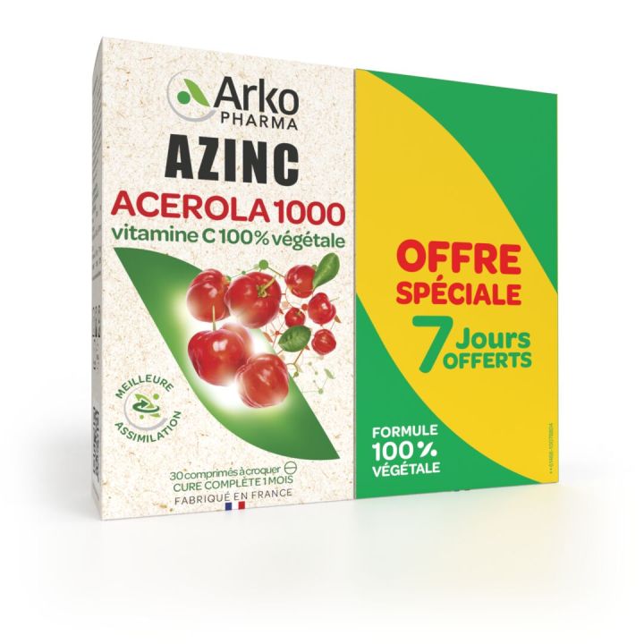 Azinc Ac&eacute;rola 1000 &agrave; croquer Arkopharma - 2 boites de 30 comprim&eacute;s