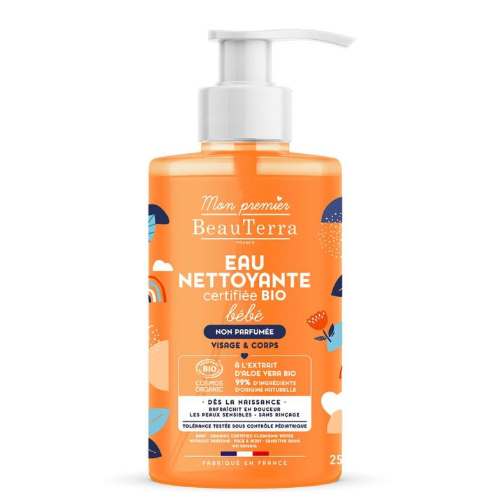 Eau nettoyante b&eacute;b&eacute; bio peaux sensibles corps et cheveux Mon premier Beauterra - flacon-pompe de 750ml