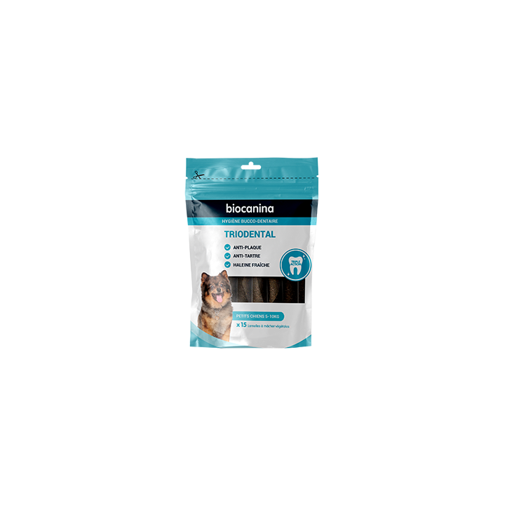 Triodental lamelle &agrave; m&acirc;cher petits chiens 5-10kg Biocanina - sachet de 15 lamelles &agrave; m&acirc;cher v&eacute;g&eacute;tales