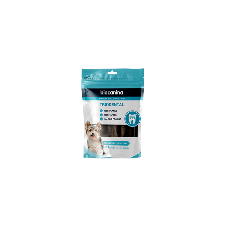 Triodental lamelle &agrave; macher tr&egrave;s petits chiens moins de 5kg Biocanina - sachet de 15 lamelles &agrave; m&acirc;cher v&eacute;g&eacute;tales